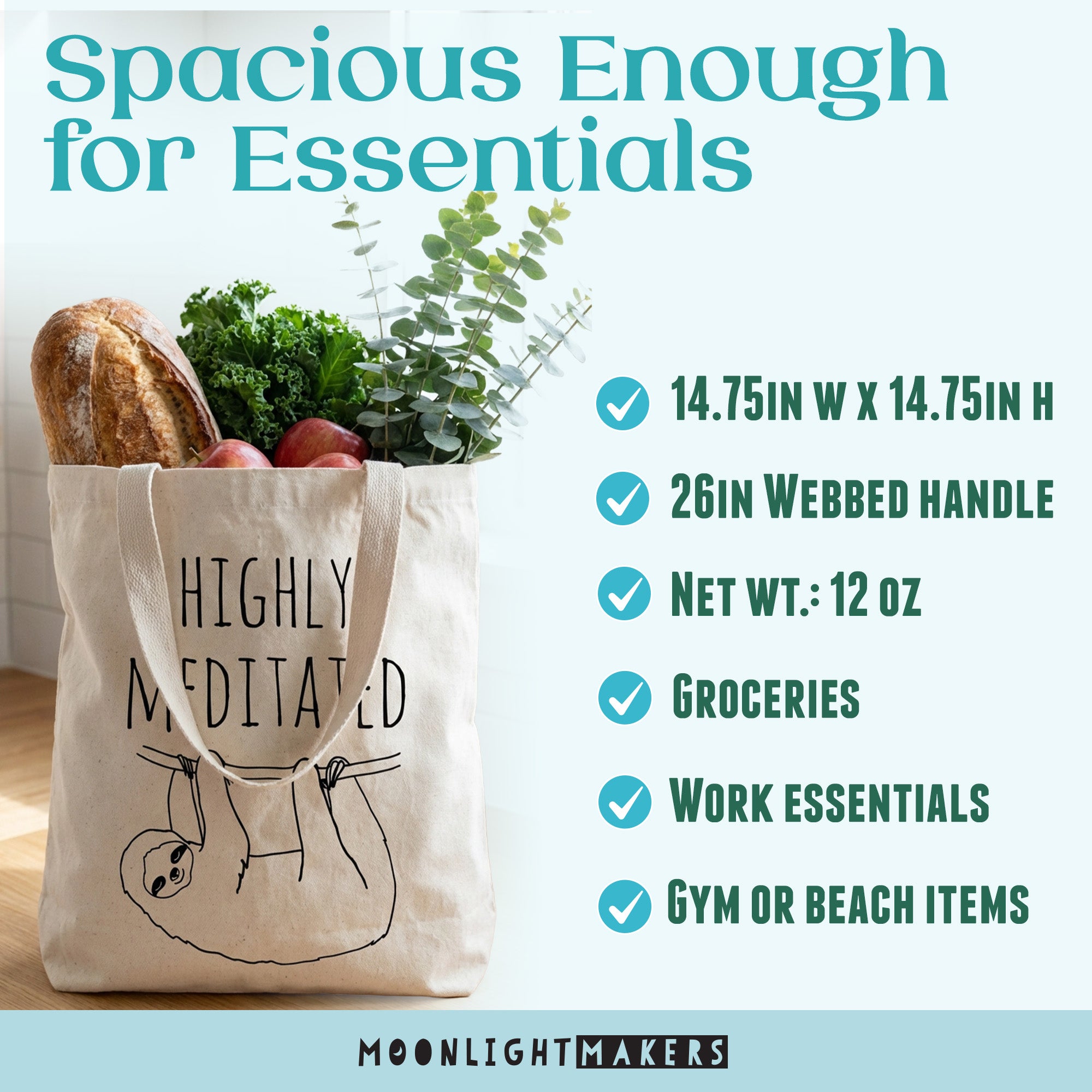 The image is a promotional graphic for a product called "HIGHLY MEDITATED" that is described as a "HIGHLY MEDITATED" tote bag. The bag is described as having a "26in WEBED HANDLE" and a "NET WT: 12 OZ". It is also listed as a "Groceries" and "Work Essentials" tote bag. The bag is described as "HIGHLY MEDITATED" and "HIGHLY MEDITATED" tote bag, and it is shown on a wooden surface.