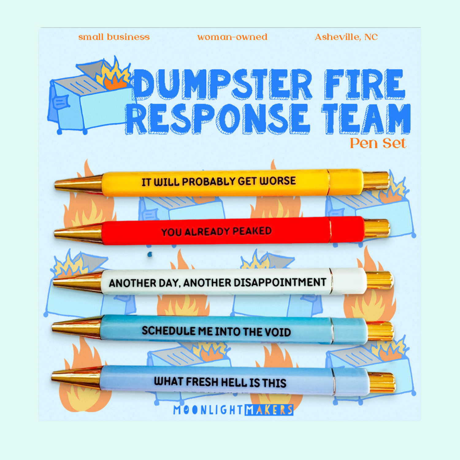 Dumpster Fire Gift Set – Dumpster Fire Pen Set, Survival Kit Zipper Pouch, Fires To Put Out Notepad