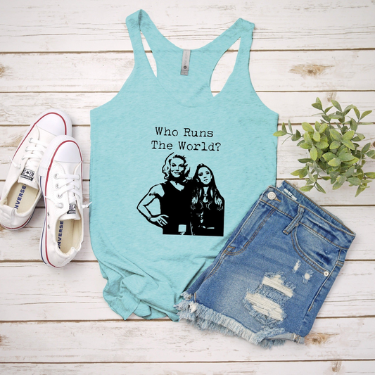a women's tank top that says, who runs the world?