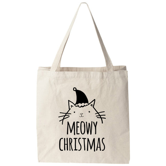 a tote bag with a cat wearing a santa hat