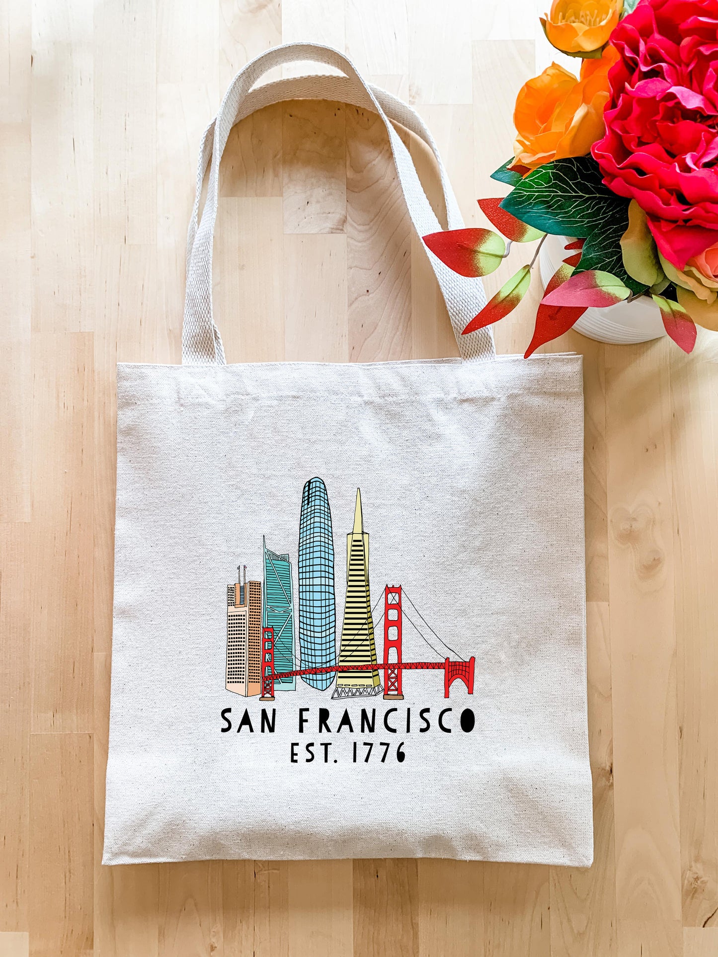 a san francisco tote bag sitting on a table