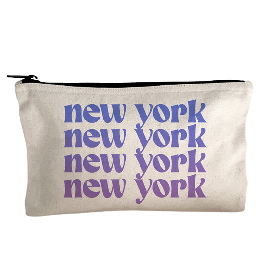 a white cosmetic bag with the words new york on it