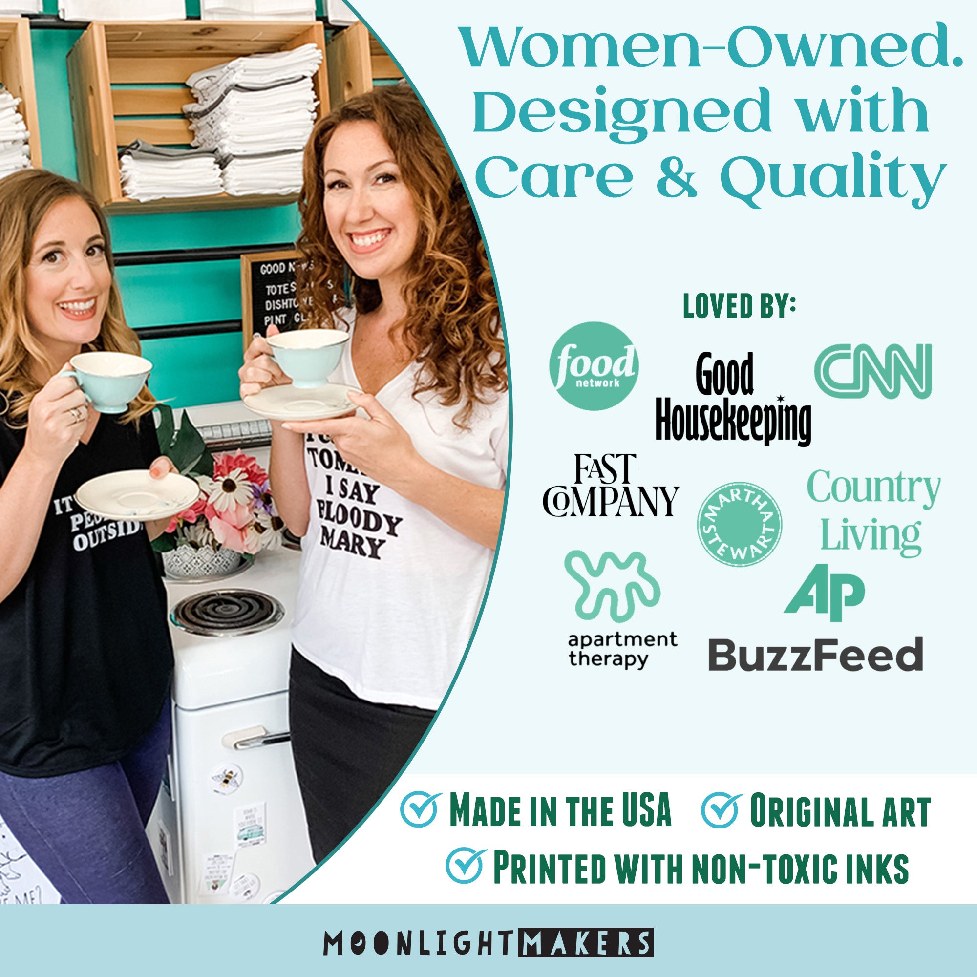 two women standing in a kitchen, smiling and holding cups of tea. The text on the image includes 