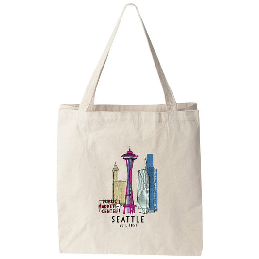 a tote bag with a picture of the seattle skyline