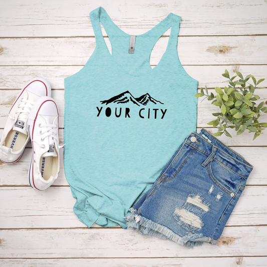 a tank top that says your city with mountains on it