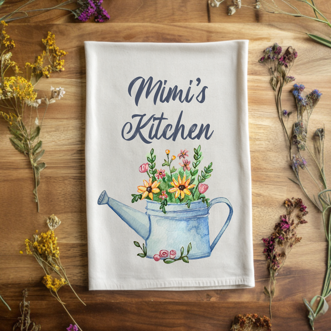 Custom Grandma Gift - Watering Can With Flowers - Watercolor Kitchen Towel