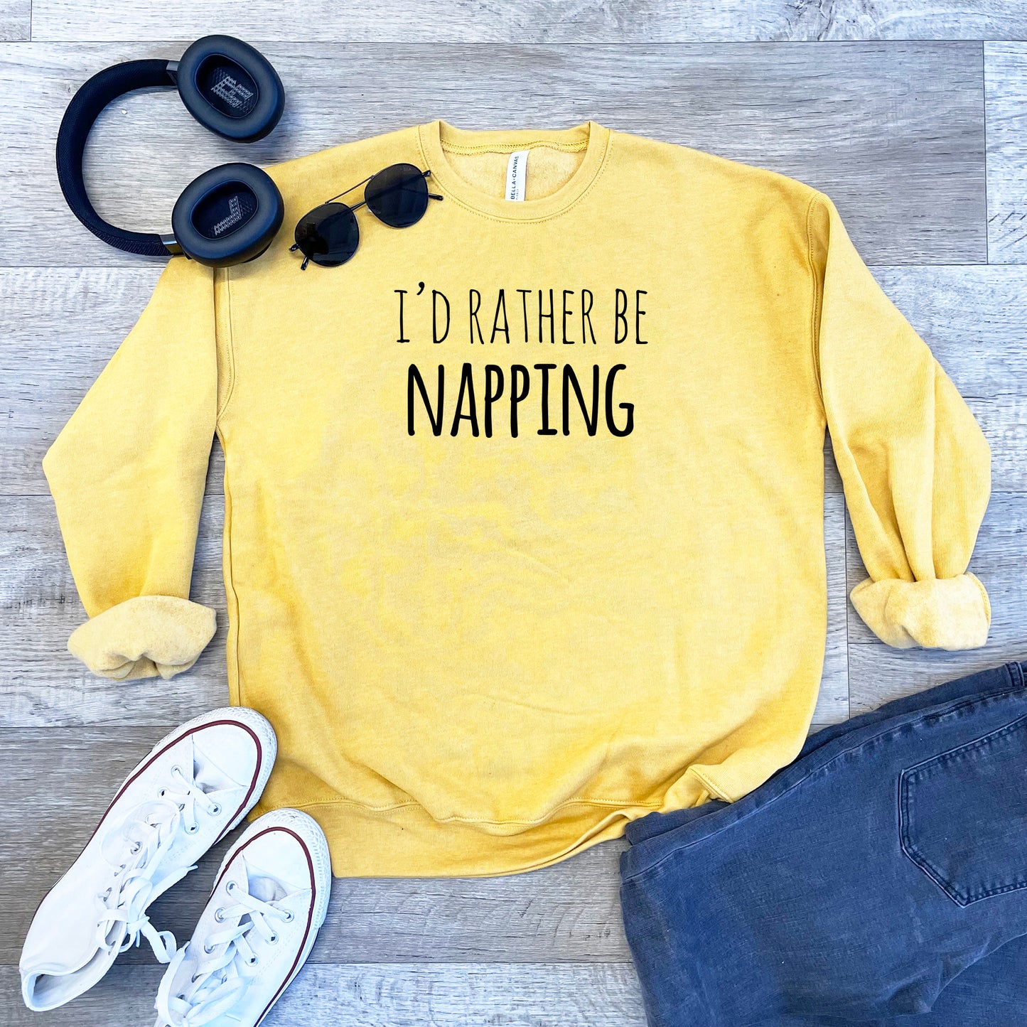 a yellow sweatshirt that says i'd rather be napping