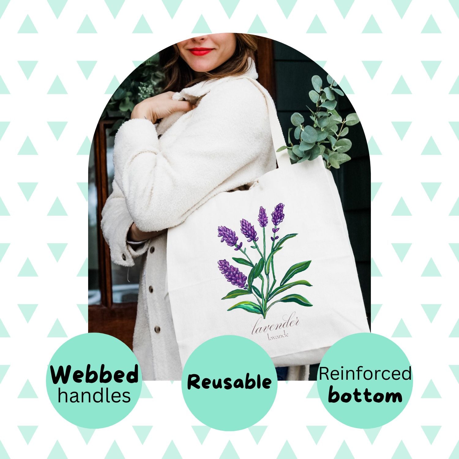 a woman holding a tote bag with a picture of a plant on it
