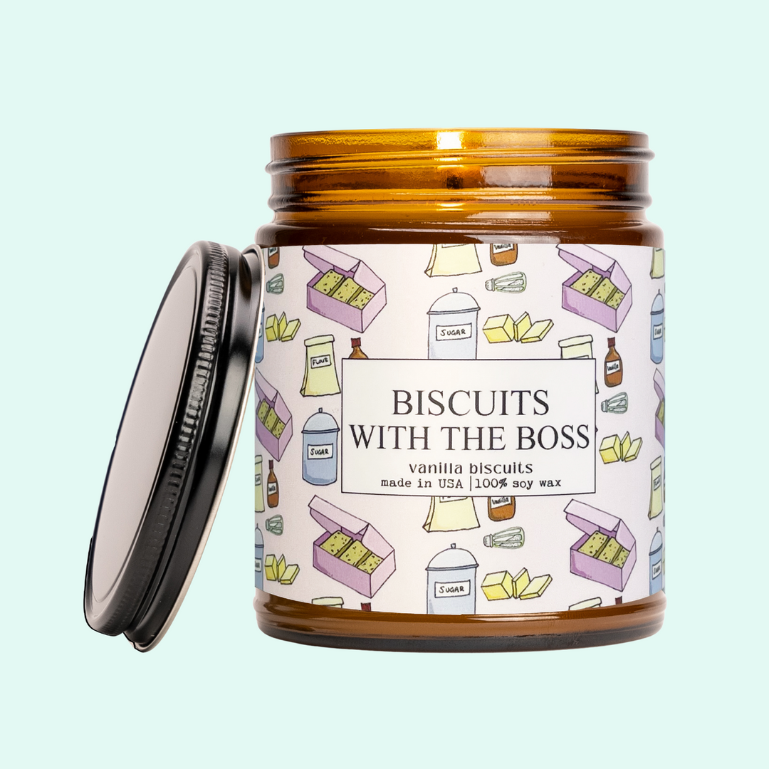 a jar of biscuits with the boss on a blue background