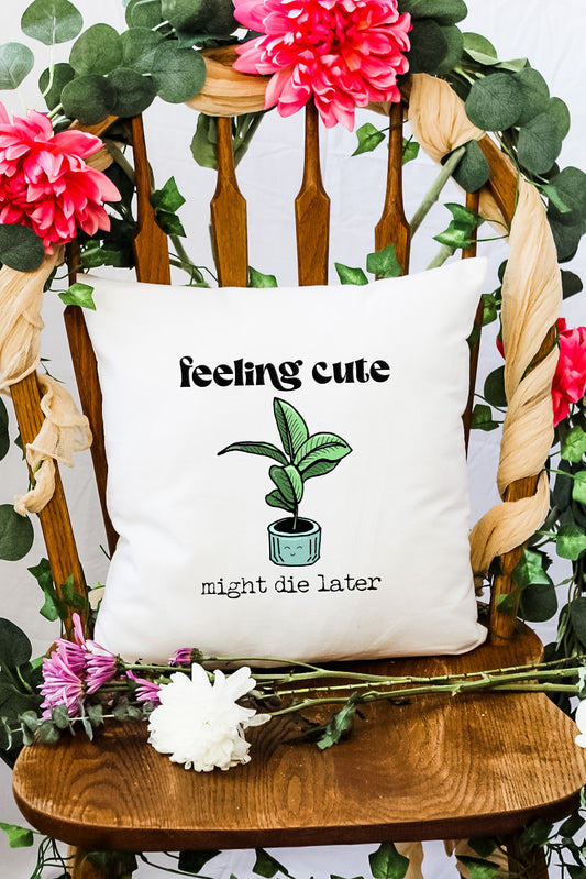 a chair with a pillow that says feeling cute might be later