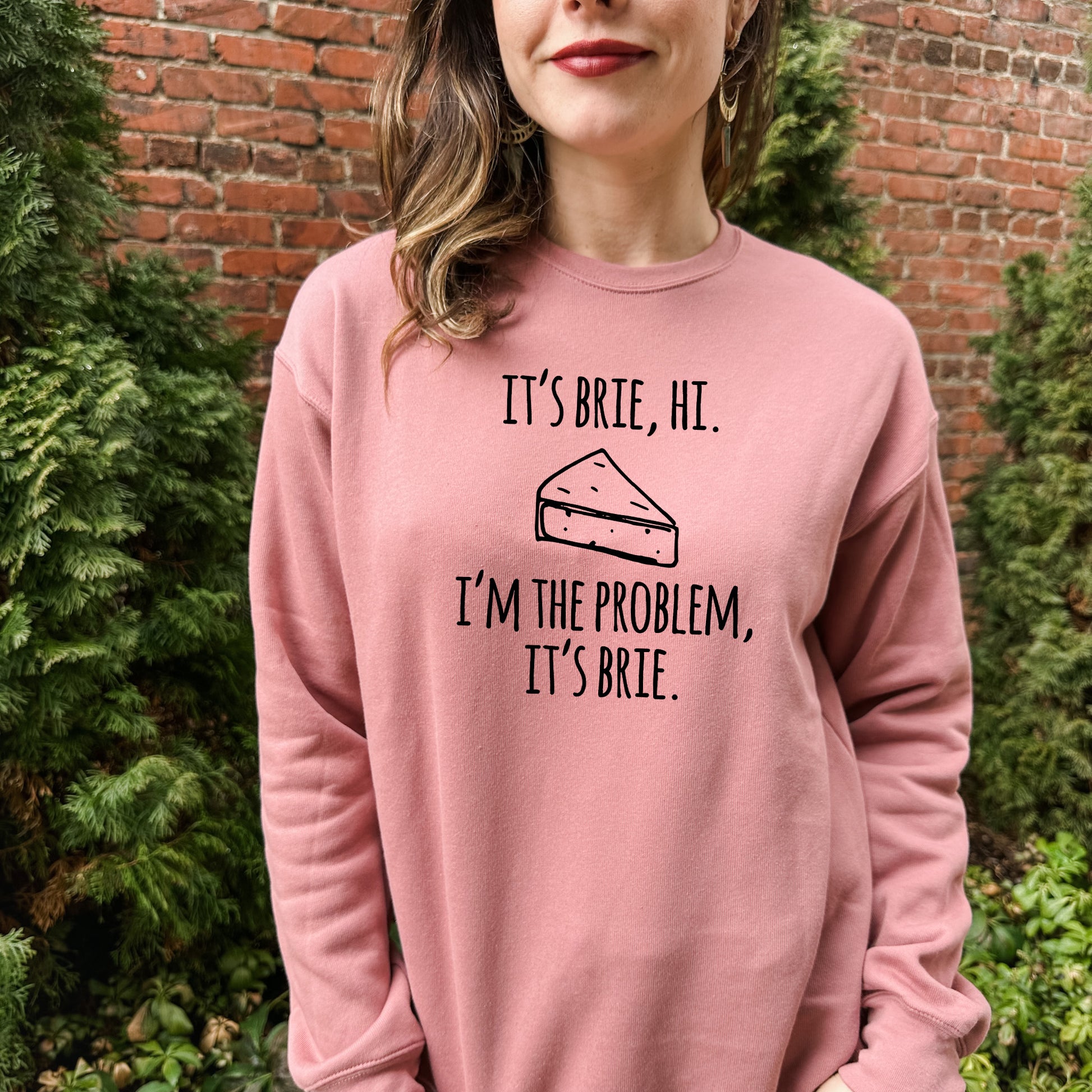 a woman wearing a pink sweatshirt that says, it's brie, hi