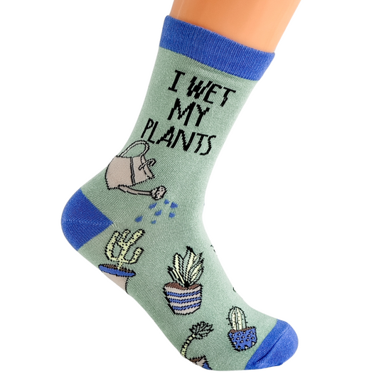 a pair of socks that say i wet my plants