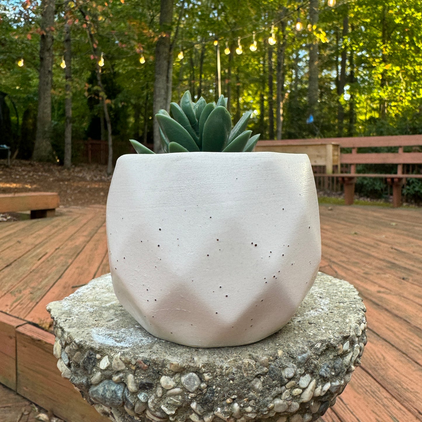 a white planter sitting on top of a rock