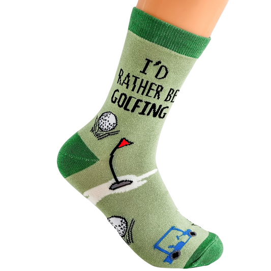 a pair of socks that say i'd rather rather be golfing