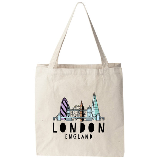 a tote bag with the london england skyline on it