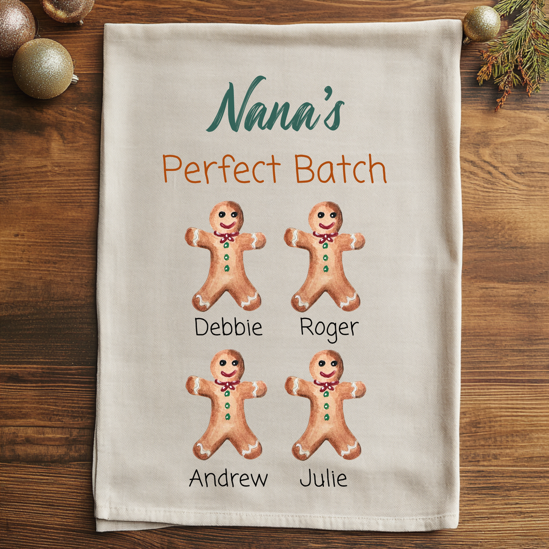 Custom Grandma Christmas Gift - Nana's Perfect Batch - Personalized Grandkid Names - Watercolor Kitchen Towel