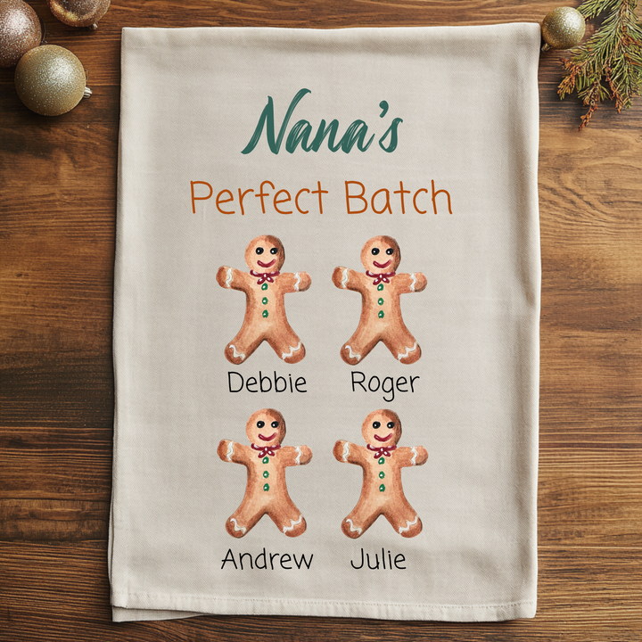 Custom Grandma Christmas Gift - Nana's Perfect Batch - Personalized Grandkid Names - Watercolor Kitchen Towel