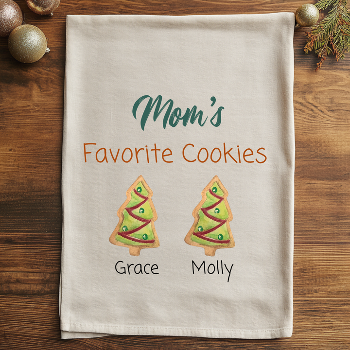 Custom Mom Christmas Gift - Mama's Favorite Cookies - Personalized Kid Names - Watercolor Kitchen Towel