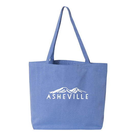 a blue tote bag with a white logo on it