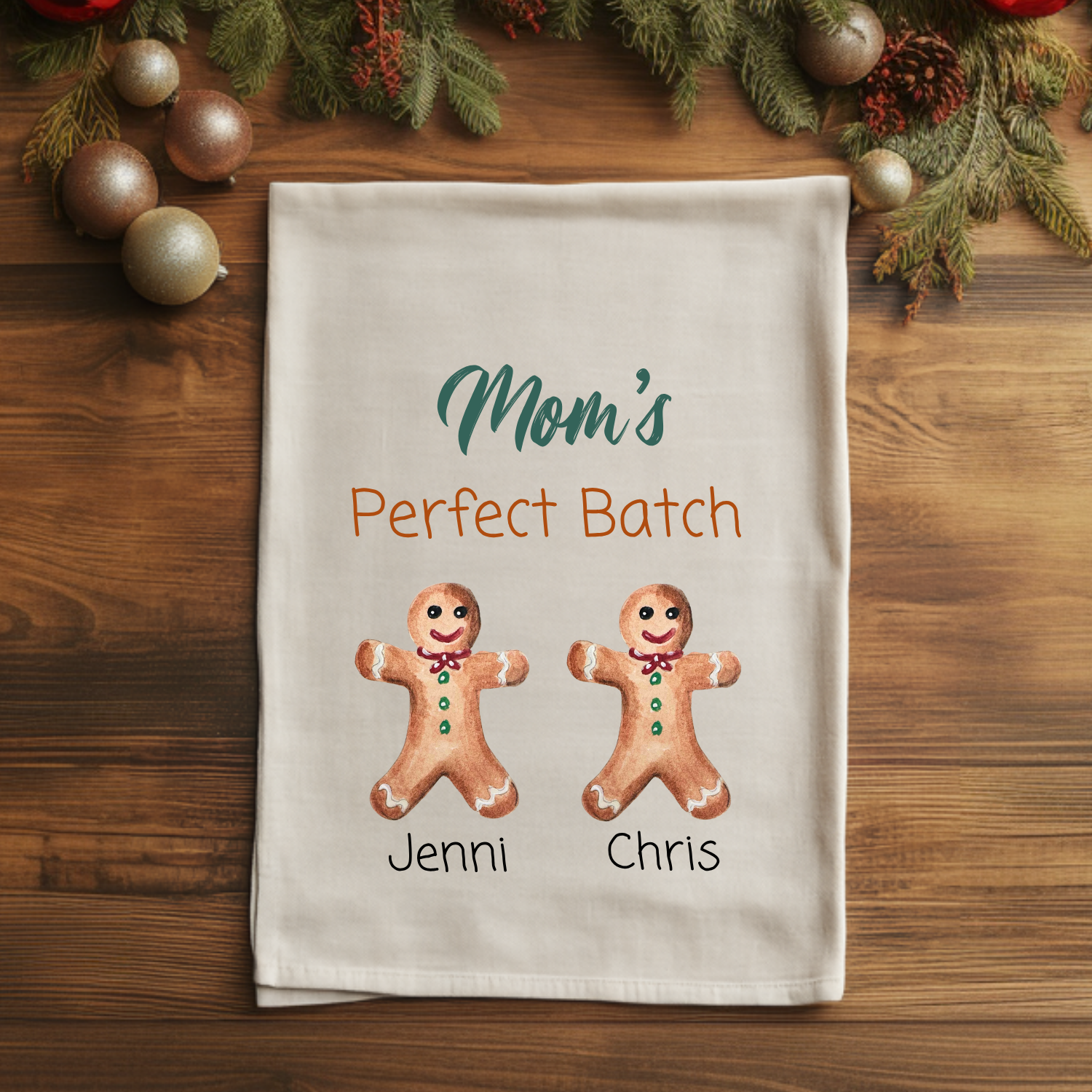 Custom Mom Christmas Gift - Mama's Perfect Batch - Personalized Children Names - Watercolor Kitchen Towel