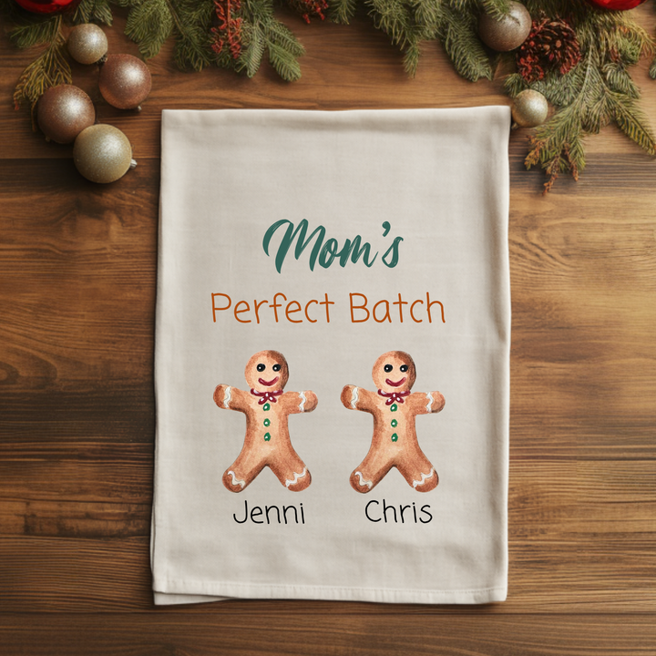 Custom Mom Christmas Gift - Mama's Perfect Batch - Personalized Children Names - Watercolor Kitchen Towel