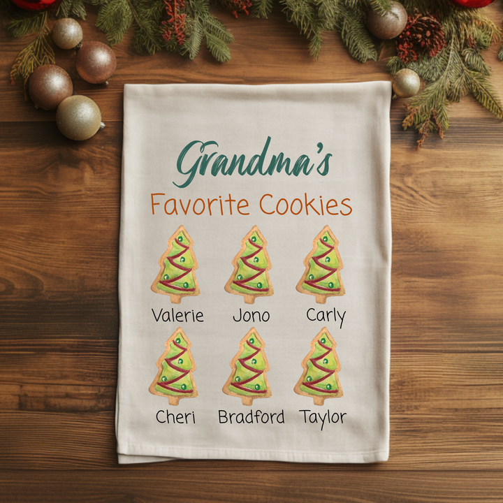 Custom Grandma Christmas Gift - Mimi's Favorite Cookies - Personalized Grandkid Names - Watercolor Kitchen Towel
