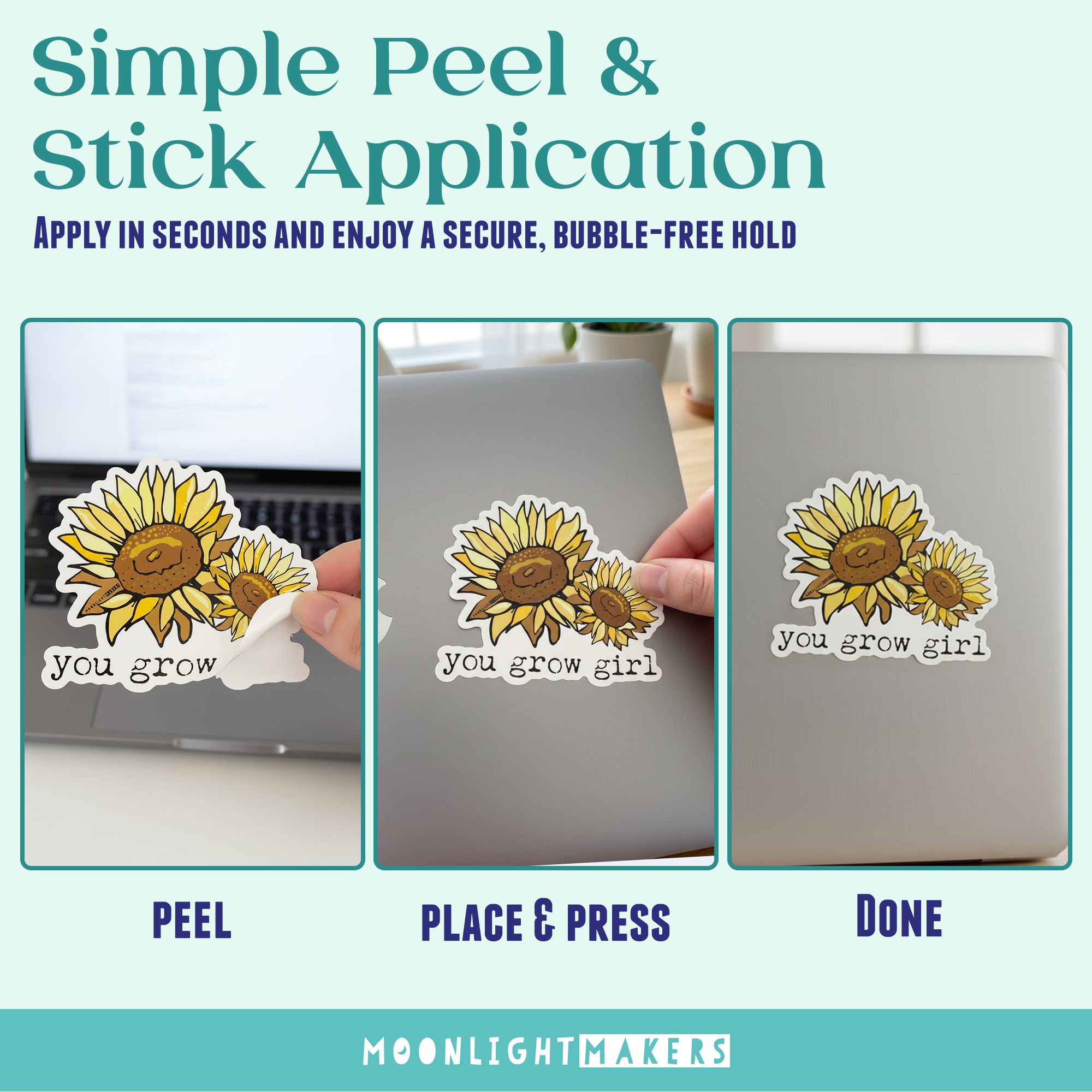 The image is a step-by-step guide on how to apply and place a sticker on a laptop. It shows the process of peeling, placing, and pressing the sticker onto the laptop.