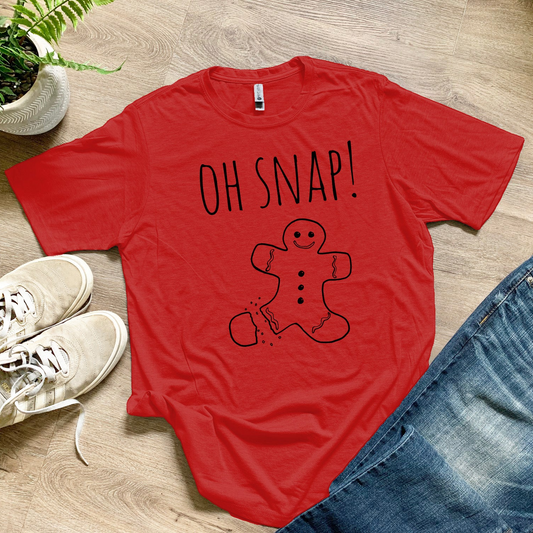 a red t - shirt that says oh snap with a picture of a gingerbread