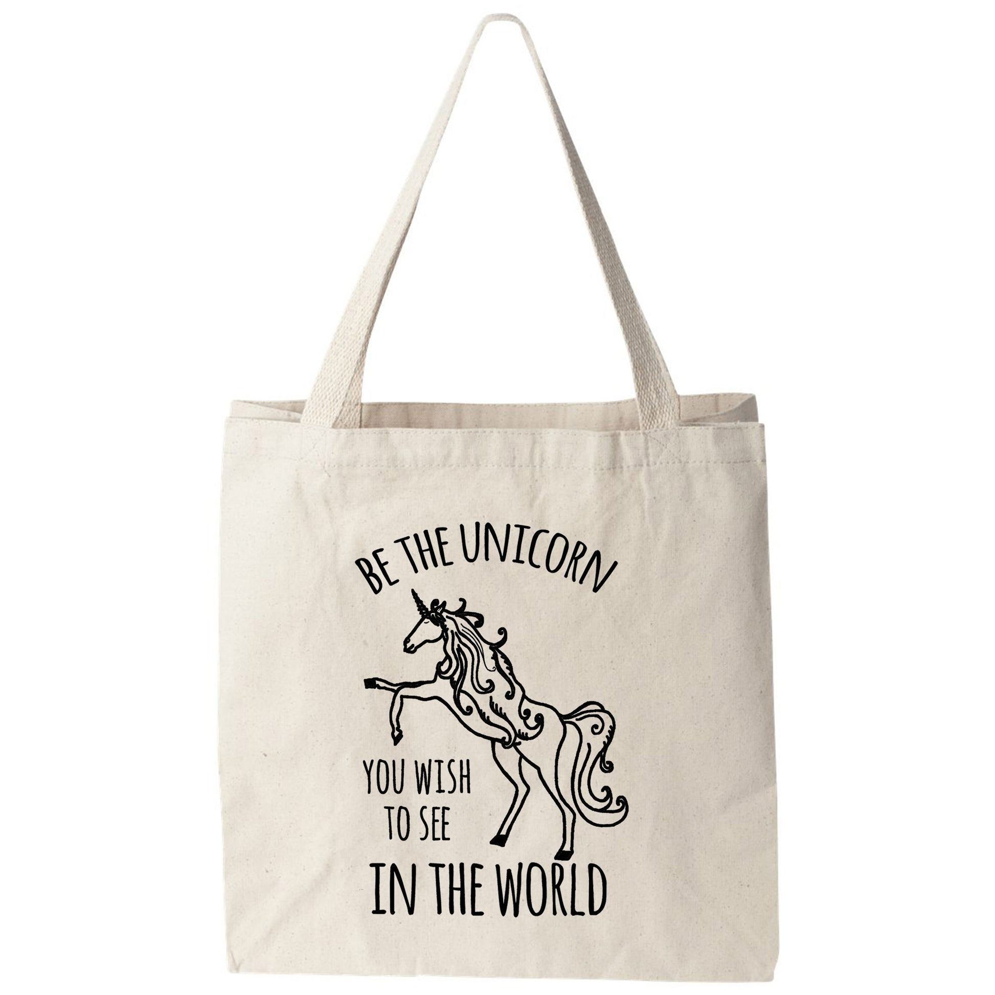 a white tote bag with a unicorn on it