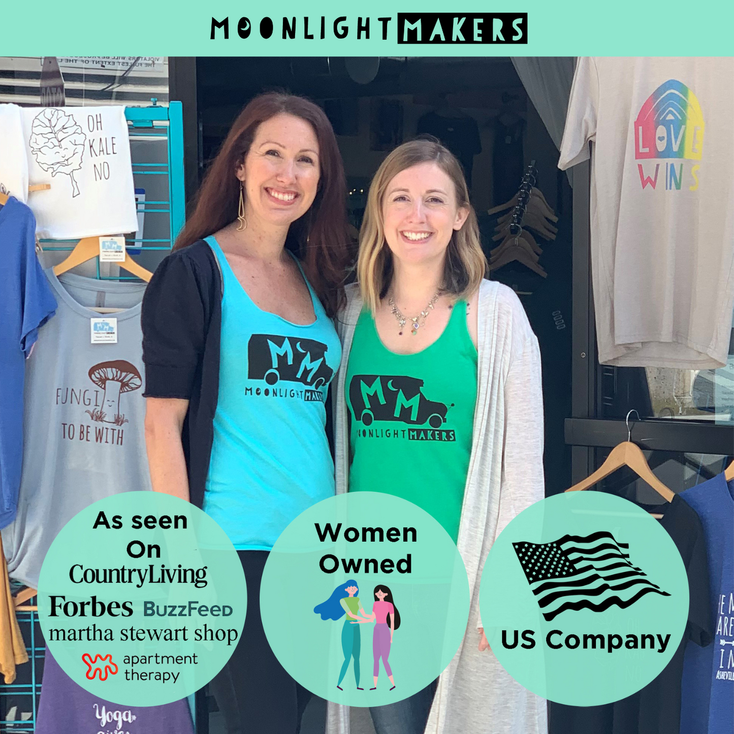 two women standing next to each other in front of shirts