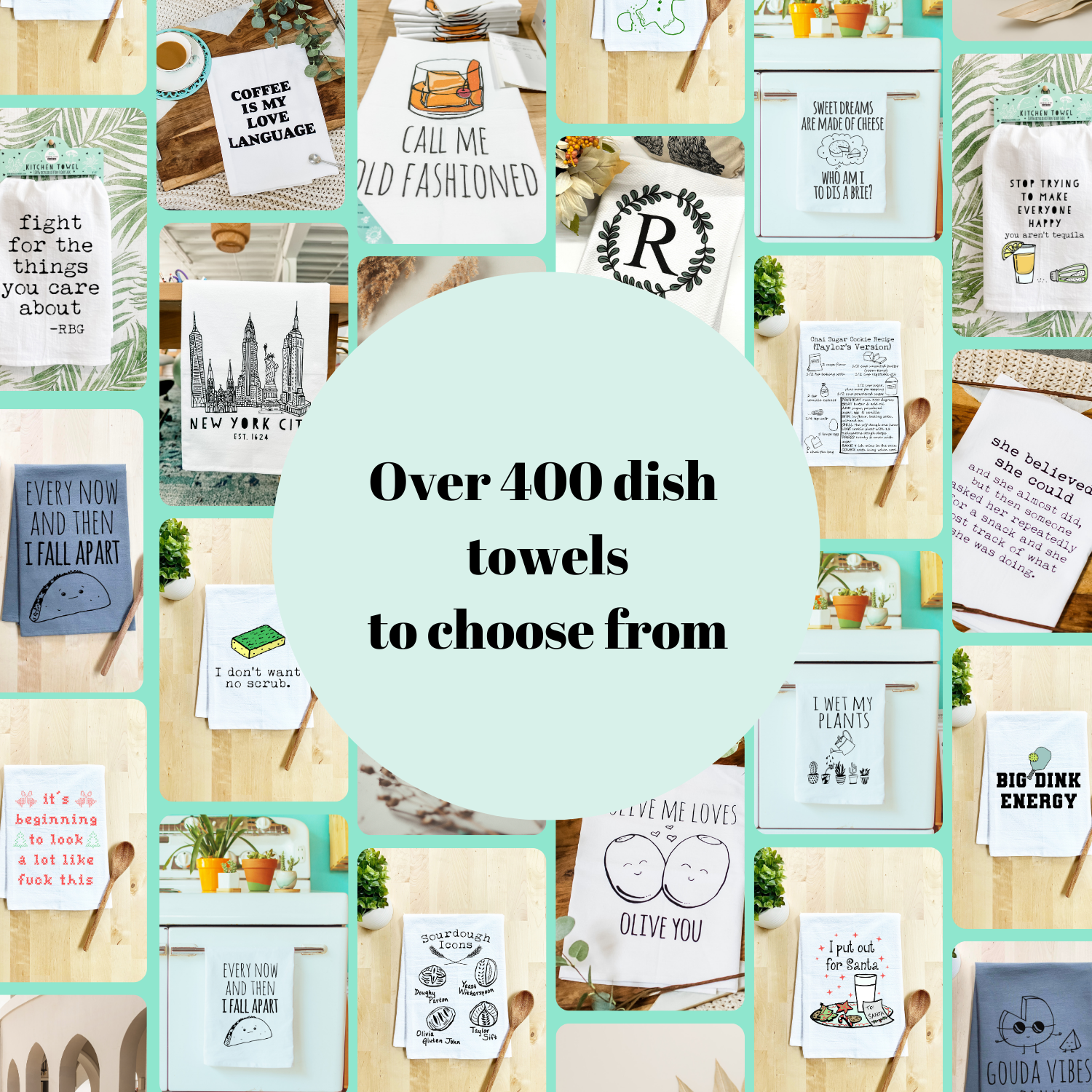 over 100 dish towels to choose from