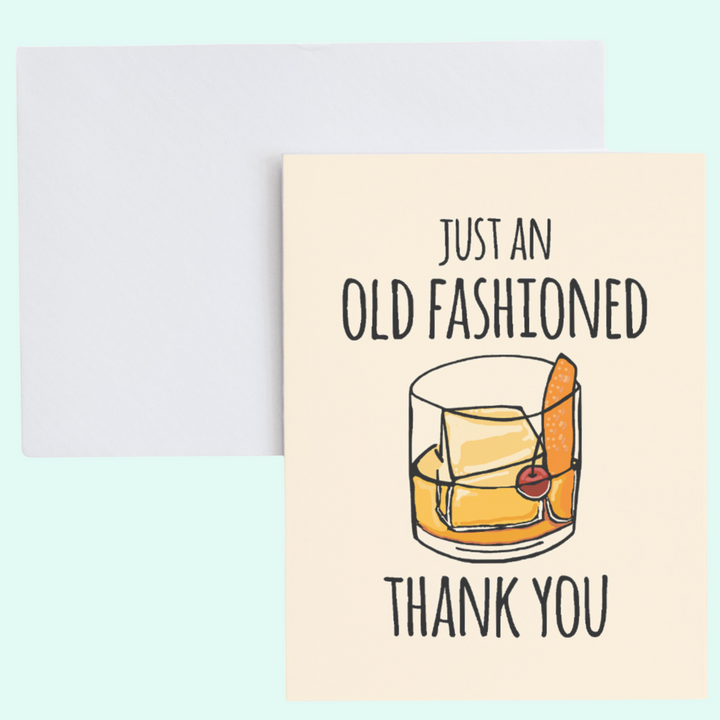 an old fashioned thank you card with a glass of whiskey