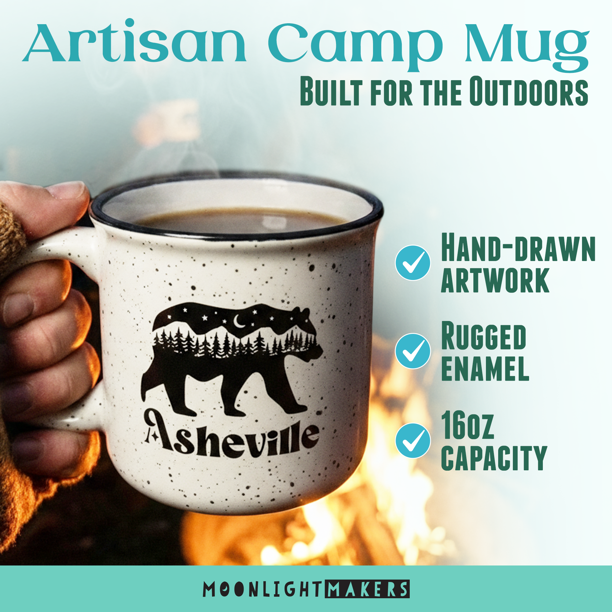 a hand holding a mug with a bear design, and there is a fire in the background.
