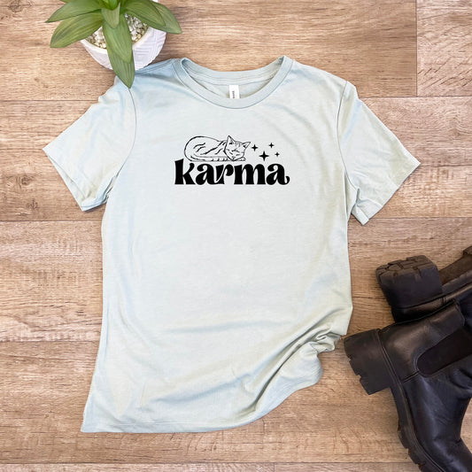 a white t - shirt with the word karma printed on it