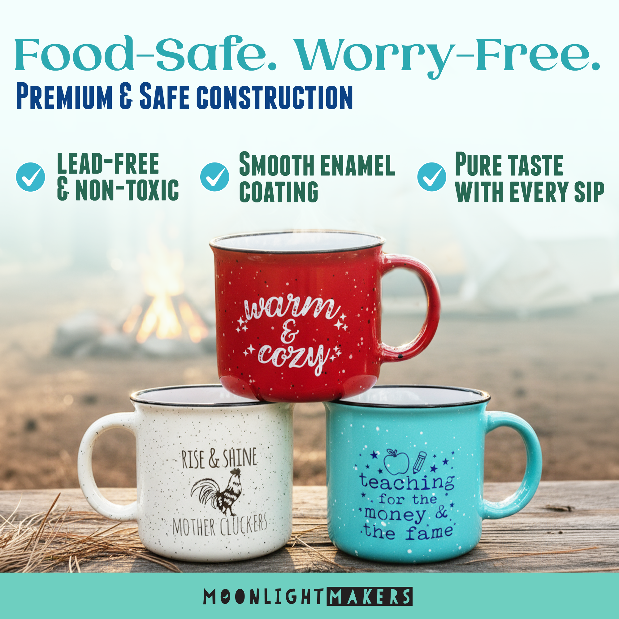 three mugs with different designs and text, placed on a wooden surface with a campfire in the background.