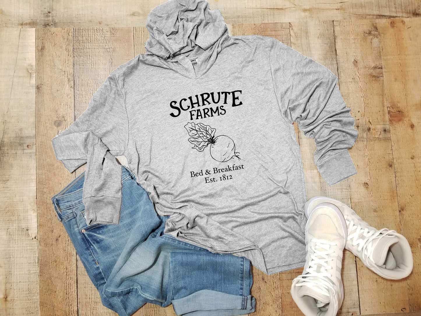 a grey hoodie with the words scruffe farms on it