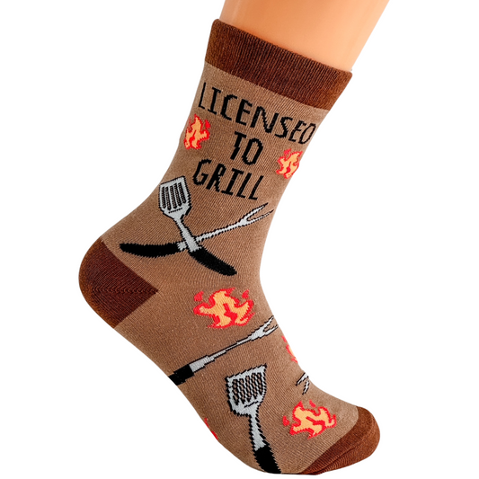 a pair of socks that say license to grill