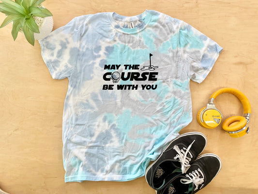 a shirt that says may the course be with you next to a pair of head