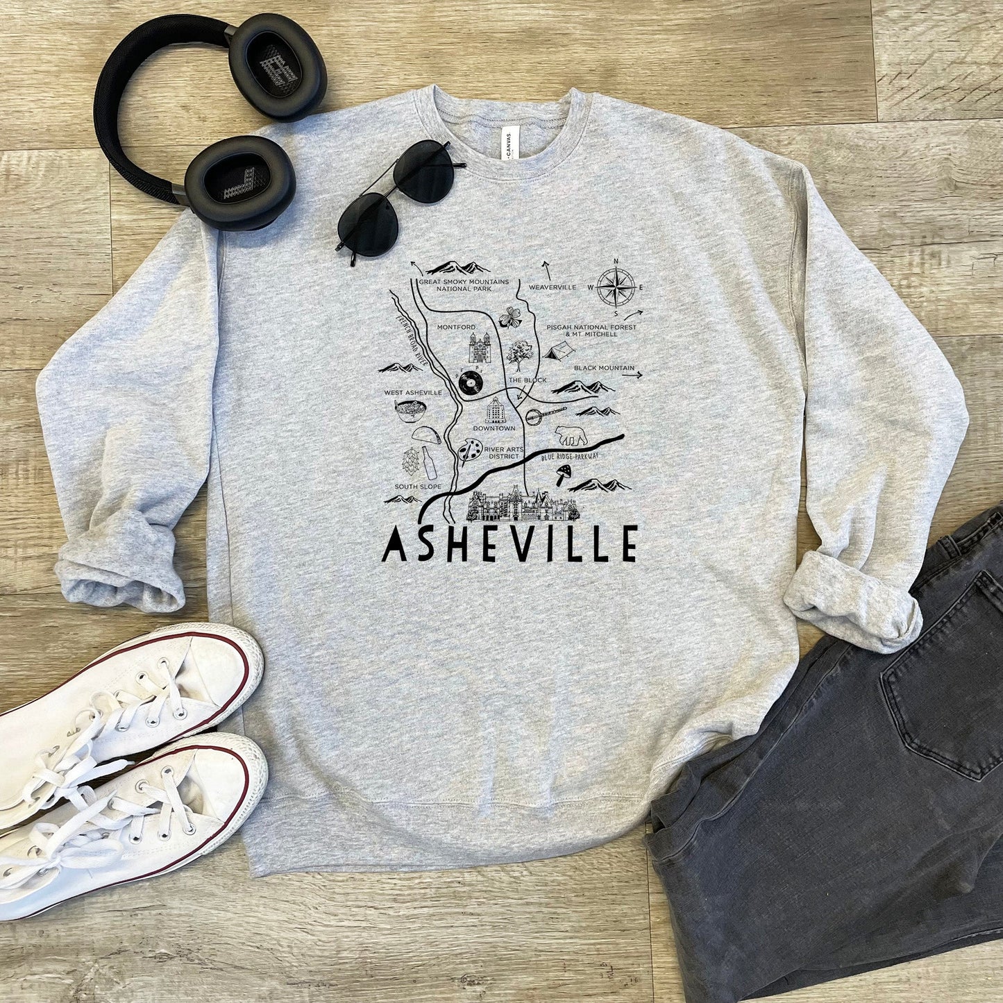 Asheville Map - Unisex Sweatshirt - Heather Gray, Dusty Blue, Mauve, or Gold