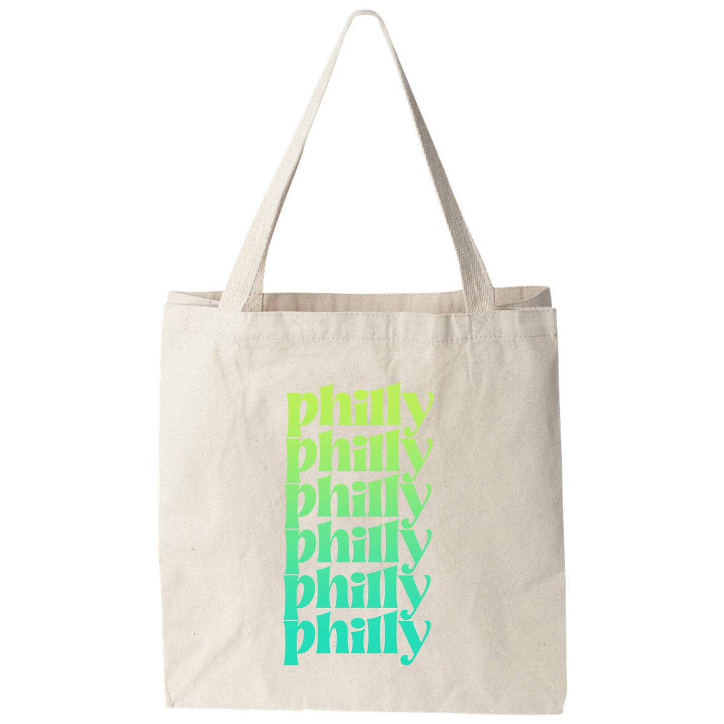 a tote bag with a green and blue design on it