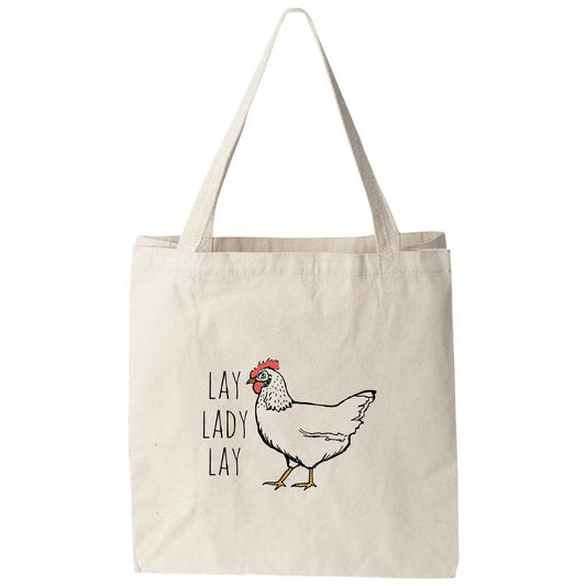 a white tote bag with a chicken on it