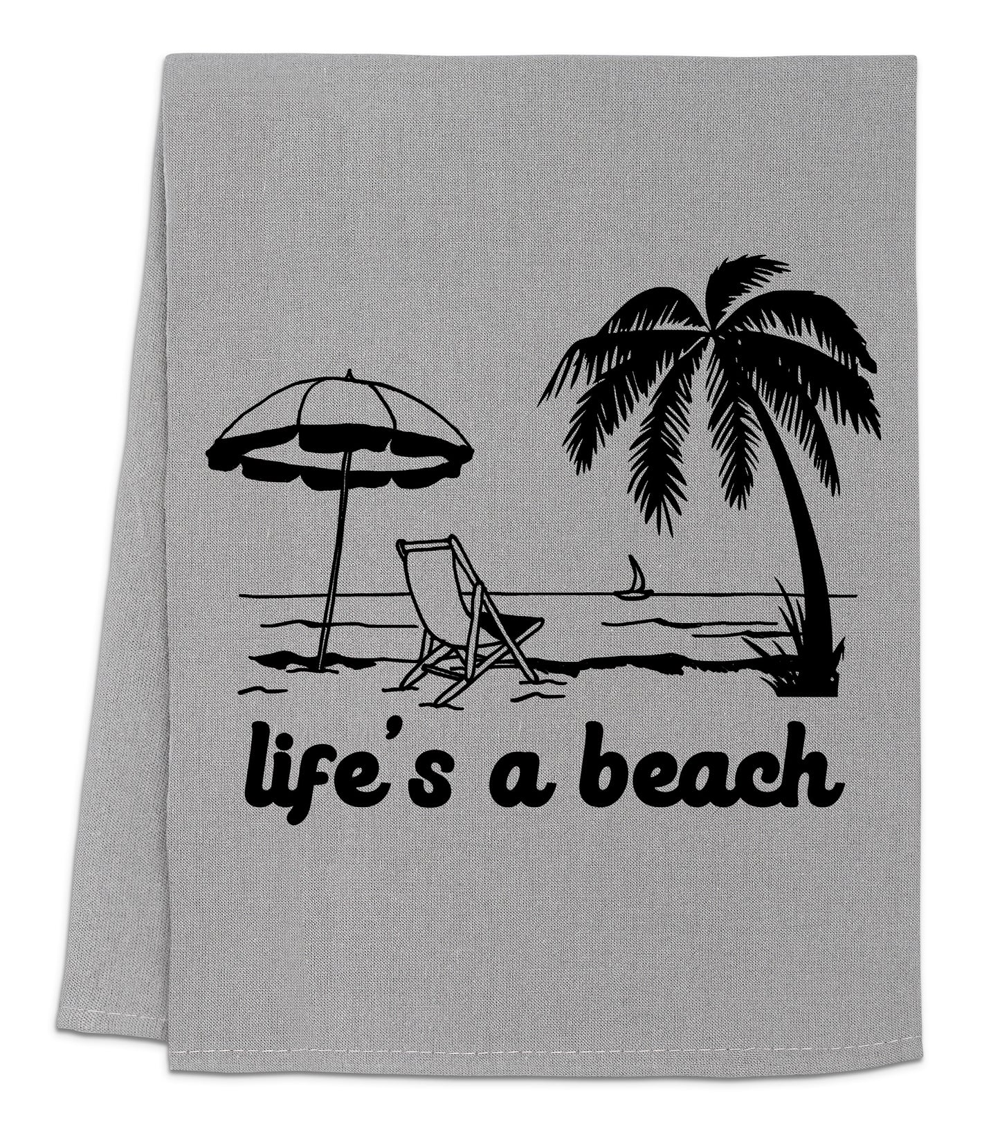 a towel with a picture of a beach chair and an umbrella