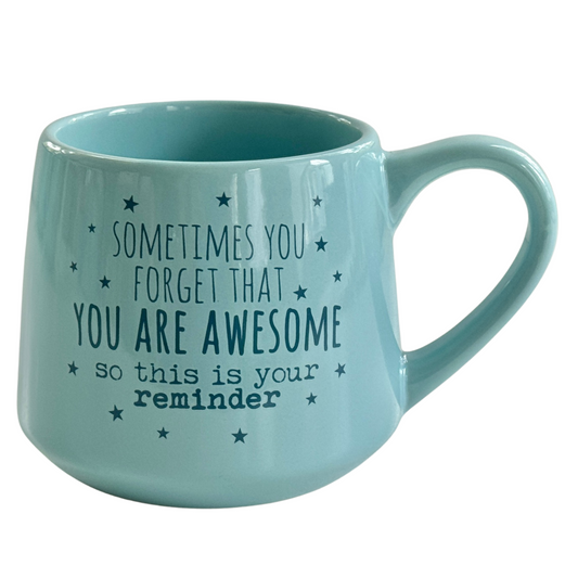 a blue coffee mug with a quote on it