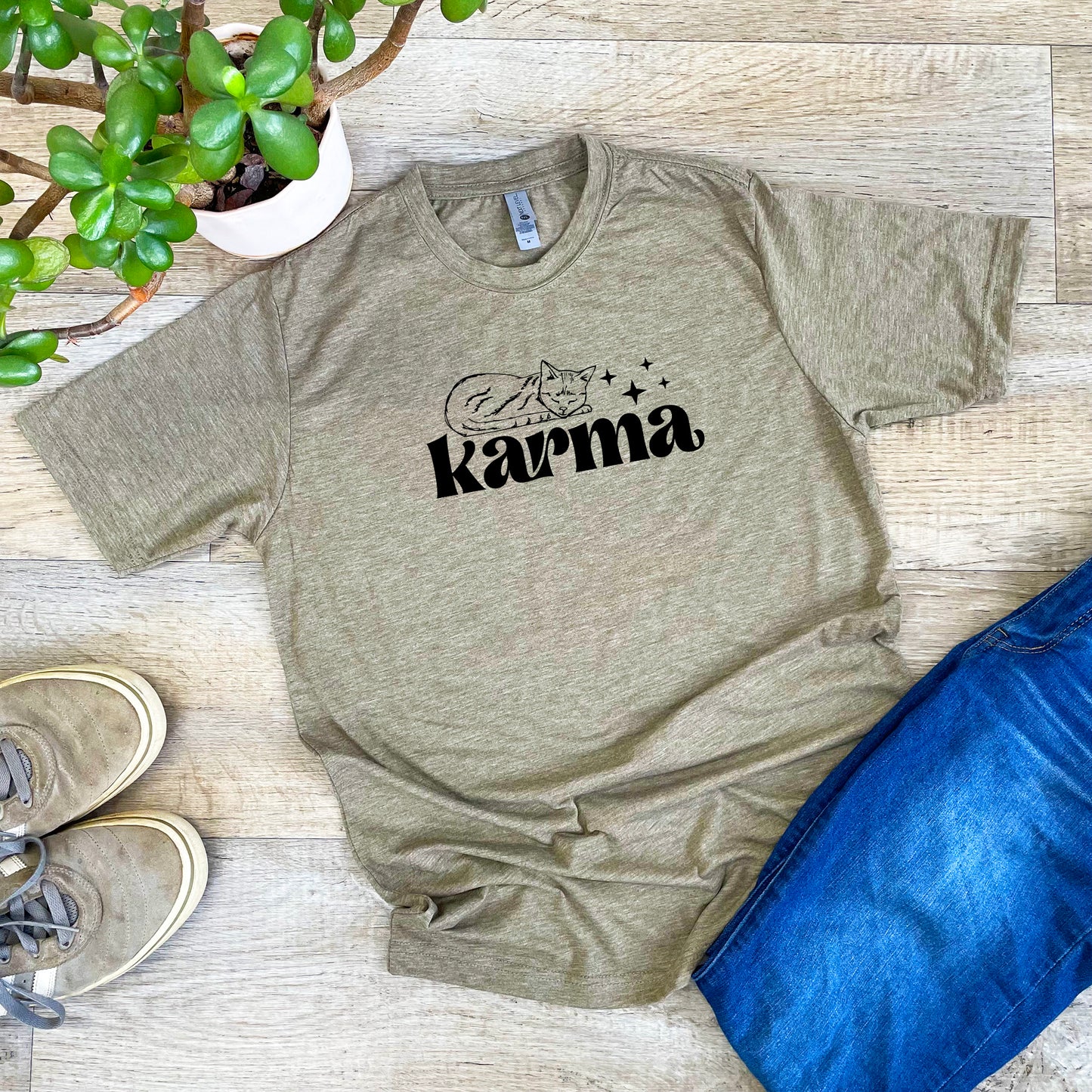 a t - shirt with the word karma printed on it