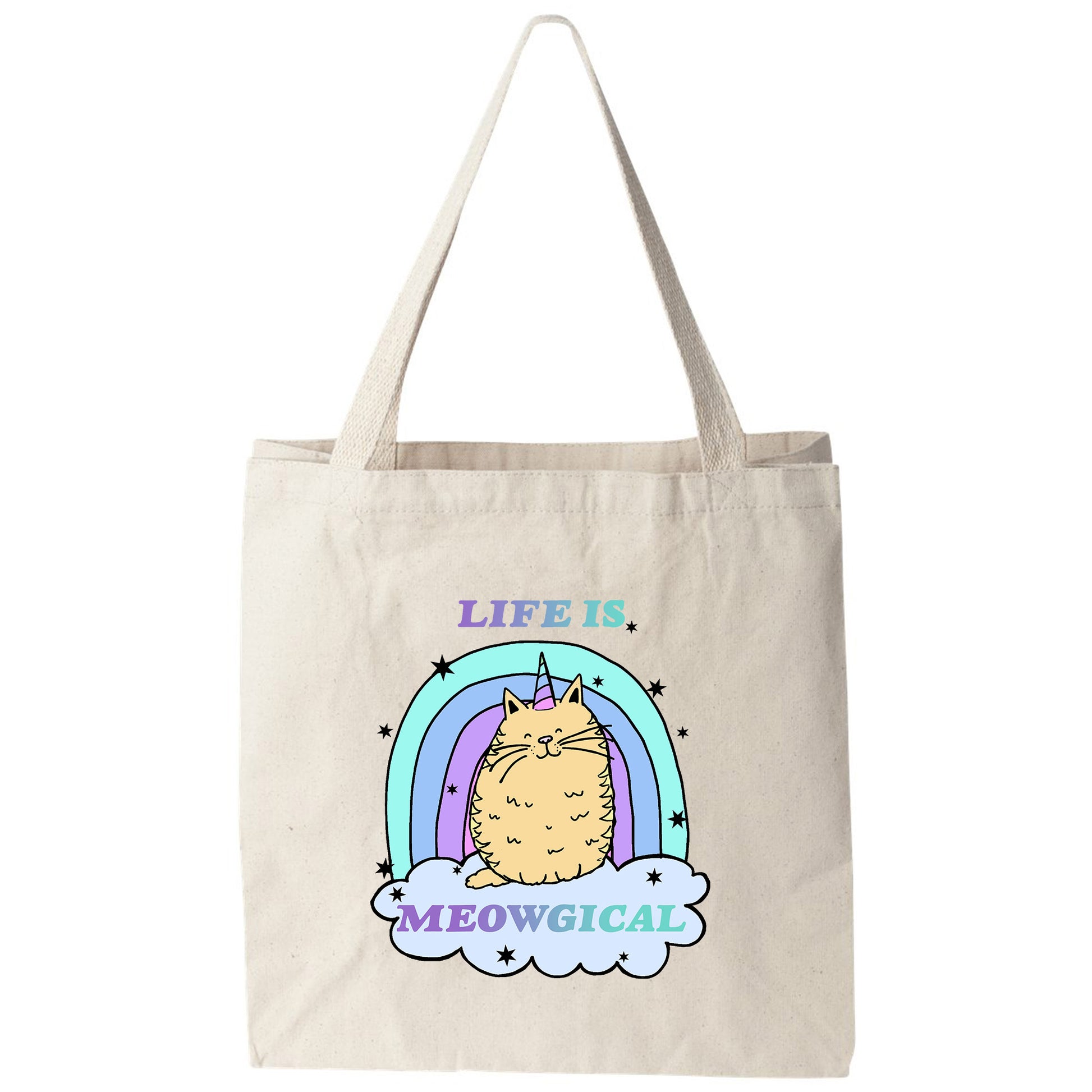 a tote bag with a cat sitting on top of a rainbow