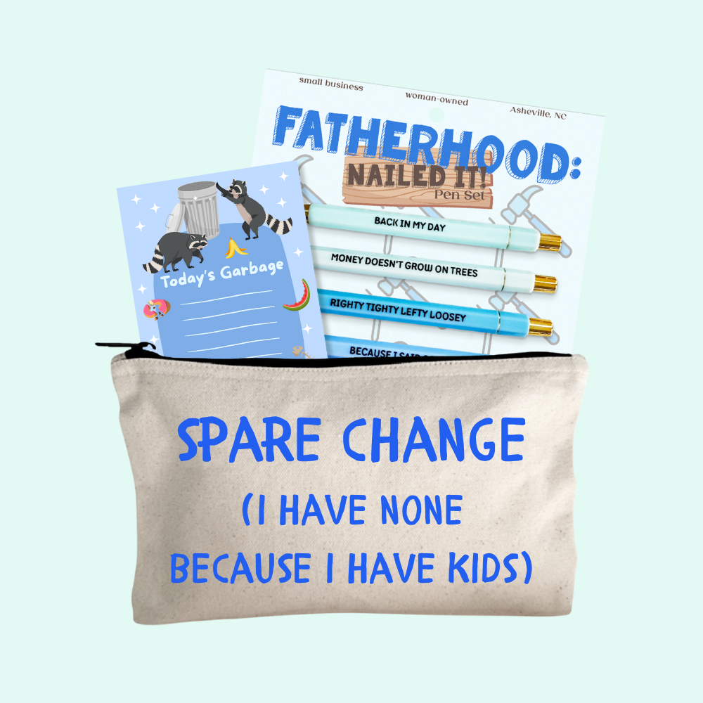 Dad Gift Set – Fatherhood Pen Set, Spare Change Zipper Pouch, Today's Garbage Notepad