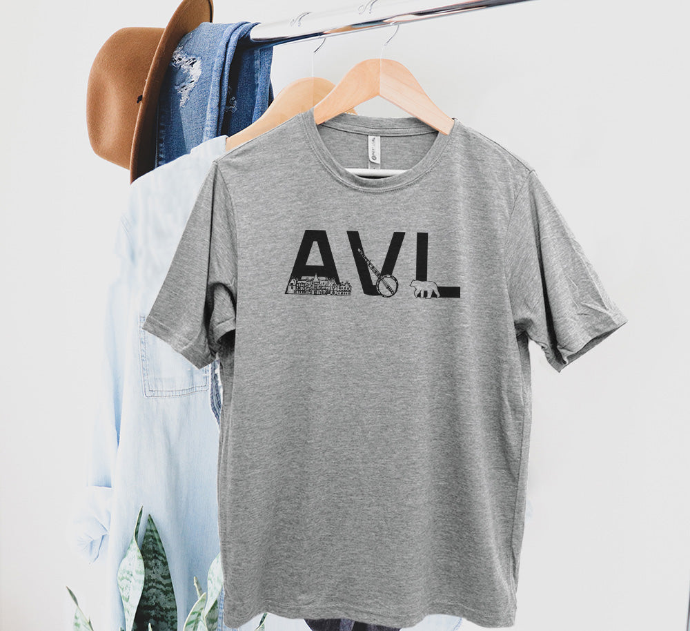 AVL (Asheville) - Men's / Unisex Tee - Stonewash Blue, Sage, Lavender, or Heather Gray