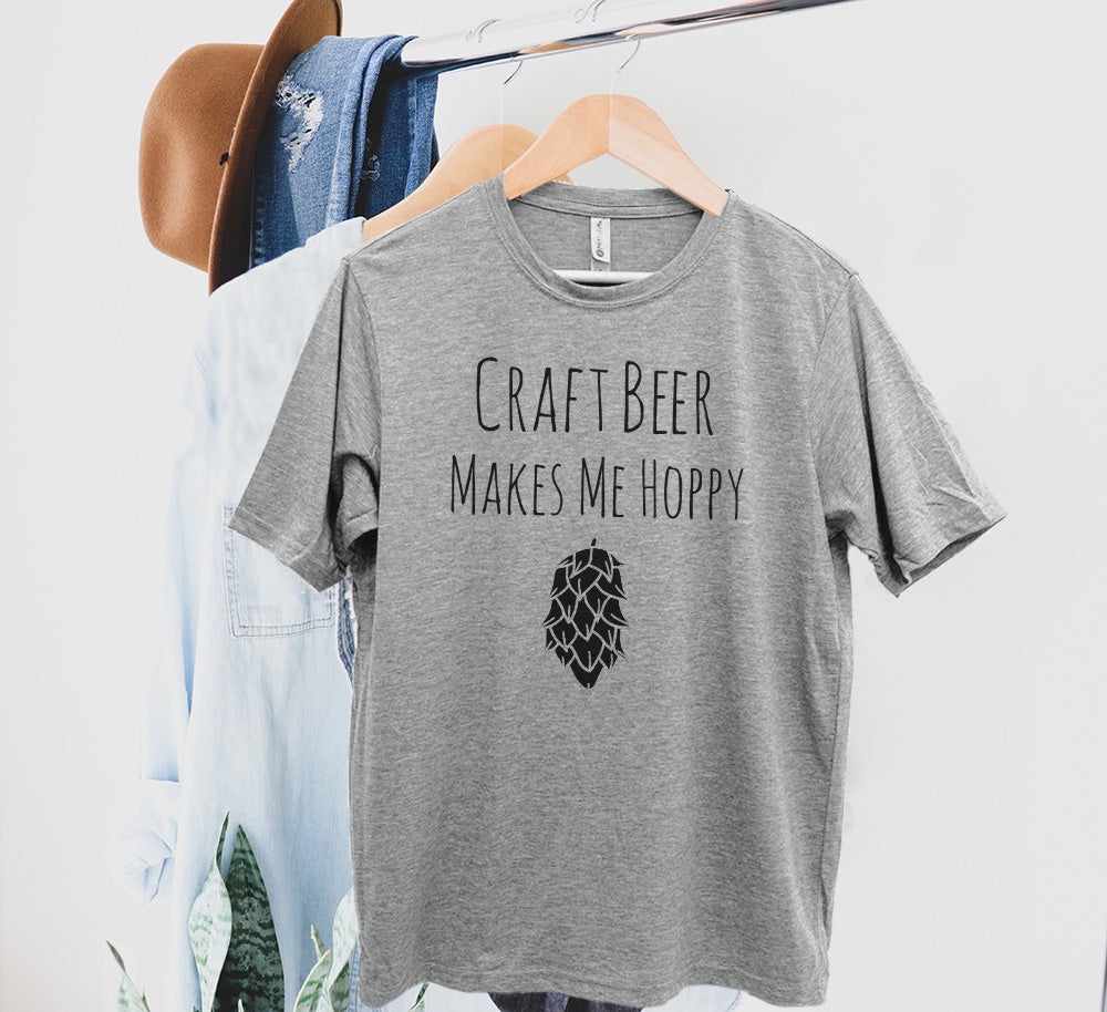 Craft Beer Makes Me Hoppy - Men's / Unisex Tee - Stonewash Blue, Sage, Lavender, or Heather Gray