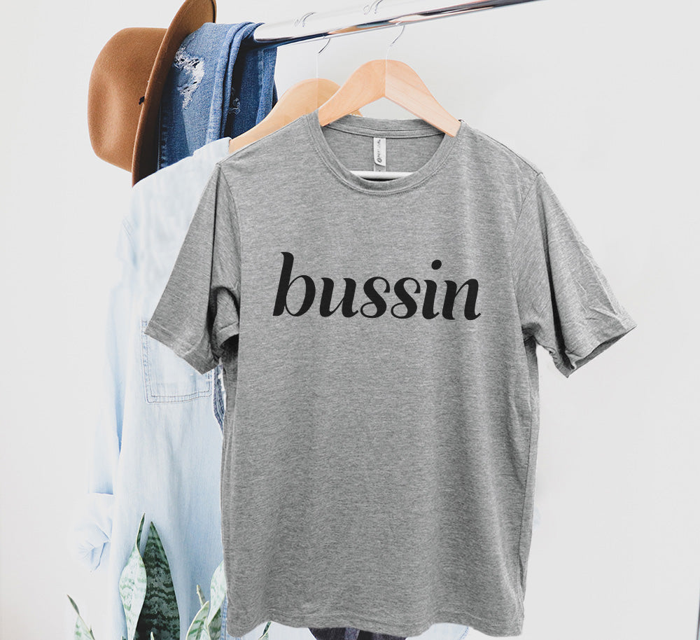 Bussin - Men's / Unisex Tee - Stonewash Blue, Sage, Lavender, or Heather Gray