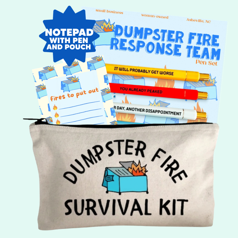 Dumpster Fire Gift Set – Dumpster Fire Pen Set, Survival Kit Zipper Pouch, Fires To Put Out Notepad